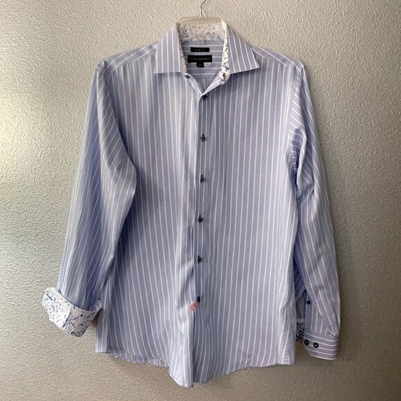 JHANE BARNES dress shirt stripe contrasting cuff & neck pattern button up shirt - Picture 1 of 7